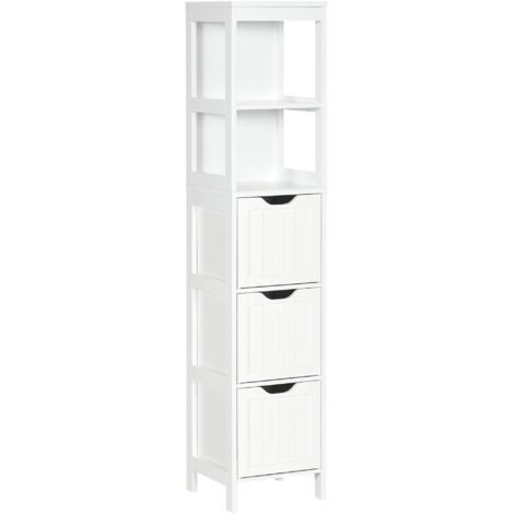 HOMCOM armario alto de baño estrecho con 3 cajones y 2 estantes abiertos columna de baño estilo moderno para salón aseo cocina 30x30x141,6 cm blanco