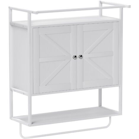 HOMCOM armario de pared para baño multiusos mueble de baño suspendido armario colgante con 2 puertas estante toallero 63x34x75 cm blanco