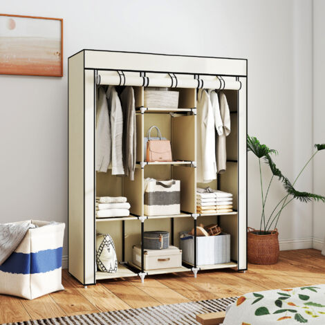 HOMCOM Armario de Tela Plegable Ropero Portátil con 8 Estantes y 2 Barras de Colgar para Dormitorio 125x43x162,5 cm Crema
