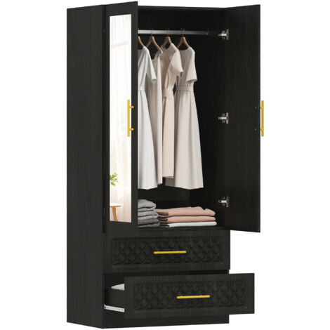 HOMCOM armario dormitorio 2 puertas y 2 cajones, armario ropero con espejo, relieve de diamante, barra para colgar, 80x50x180 cm, negro