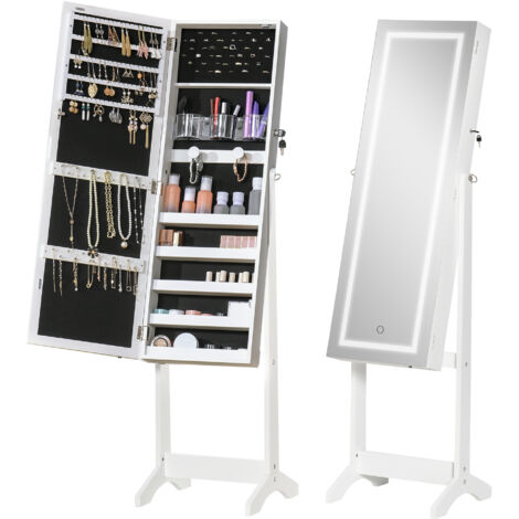 Homcom – Armoire à bijoux sur pied avec miroir LED – MDF blanc – Dimensions 46L x 36,5P x 151,5H cm – Éclairage 6500K pour mise en valeur