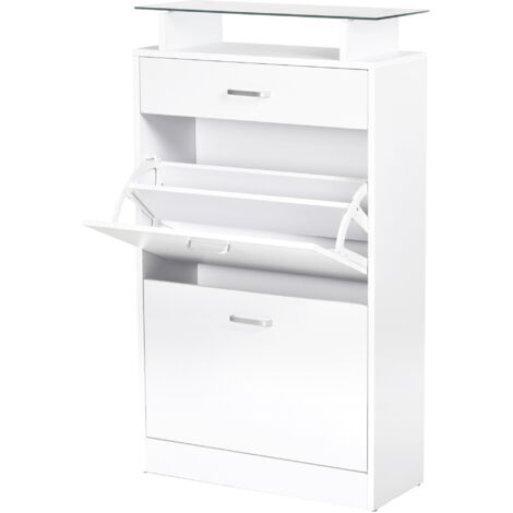 HOMCOM Armoire à Chaussures Meuble Rangement 2 Portes Rabattables 2 Compartiments Tiroir Plateau Verre Bois Chêne Blanc