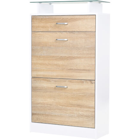 HOMCOM Armoire à Chaussures Meuble Rangement 2 Portes Rabattables 2 Compartiments Tiroir Plateau Verre Bois Chêne Blanc
