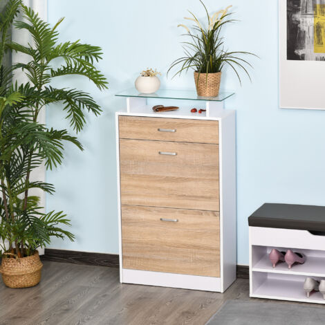 HOMCOM Armoire à Chaussures Meuble rangement Chaussures 2 Portes abattantes 2 Compartiments. tiroir. Plateau en Verre - Bois chêne Blanc