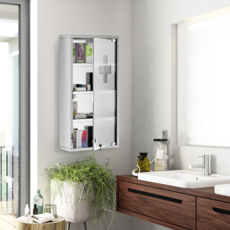 HOMCOM Armoire à Pharmacie 3 étagères 4 Niveaux 30L x 12l x 60H cm Porte Verre trempé Symbole Croix Acier Inoxydable brossé