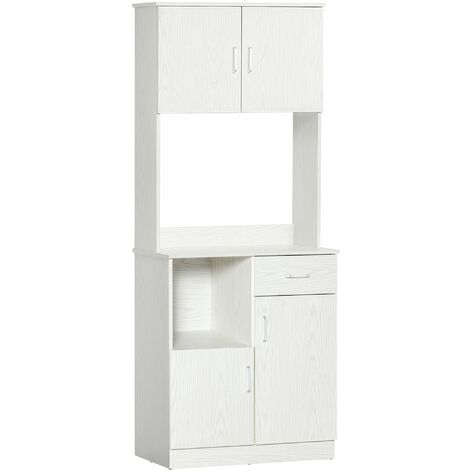 Homcom – Armoire de cuisine blanche 71x41x178cm – MDF classe E1 – 4 portes, 2 tiroirs, grand plateau – Design contemporain avec poignées métal alu