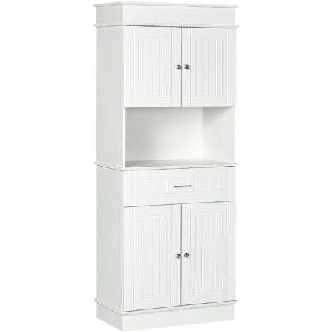 HOMCOM Armoire de cuisine contemporaine multi-rangement 4 portes tiroir coulissant et grand plateau dim. 74L x 39l x 183H cm panneaux particules MDF blanc - Blanc