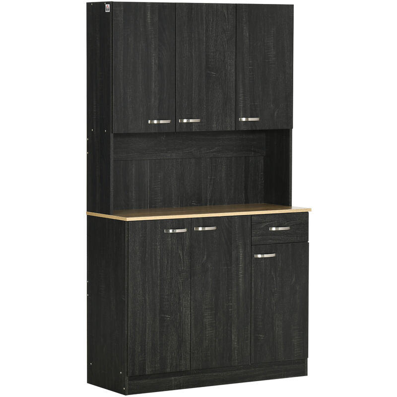 Armoire de cuisine contemporaine multi-rangement 6 portes 1 tiroir + grand plateau dim. 101L x 39l x 180H cm panneaux particules bois noir