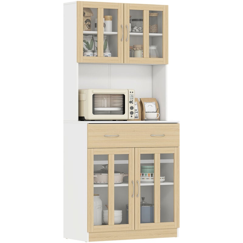 Buffet haut multi-rangement 4 portes vitrine verre avec étagère tiroir coulissant grand plateau panneaux particules blanc aspect chêne clair