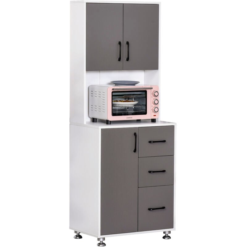 Homcom - Armoire de cuisine multi-rangements 2 + 1 porte 3 tiroirs + grand plateau dim. 60L x 40l x 150H cm bicolore gris blanc