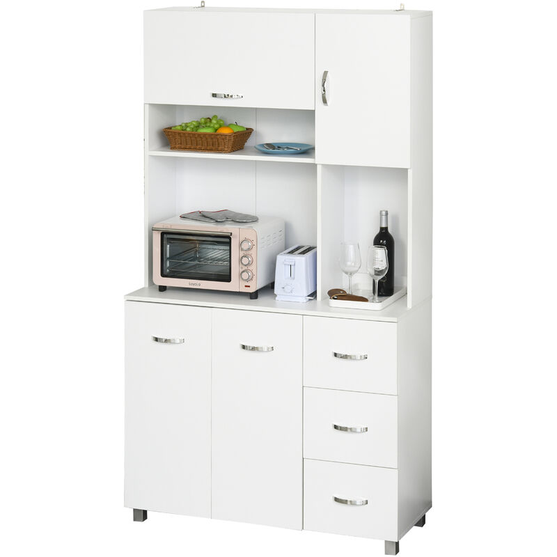 HOMCOM Armoire de cuisine multi-rangements 4 portes 3 tiroirs étagère + grand plateau 100L x 39l x 183H cm MDF blanc - Blanc