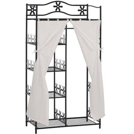 HOMCOM Armoire Dressing Adulte Noir 2 Rideaux Blanc, Penderie Vêtement avec 5 Étagères, Multi Rangements, 84L x 42l x 159H cm, Métal, Idéal Chambre.