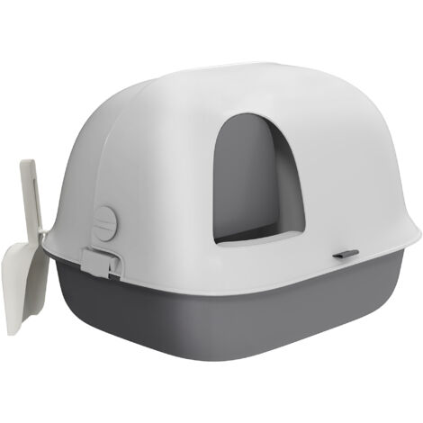 Homcom – Bac à litière chat semi-fermé – Couvercle verrouillable – Pelle incluse – Dimensions 58 x 46 x 39 cm – PP gris blanc
