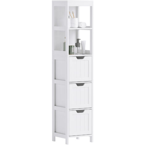 HOMCOM Badezimmerschrank Badschrank, Bad Hochschrank mit 3 Schubladen, 2 offenen Fächern, Aufbewahrungsschrank für Badezimmer, Wohnzimmer, Weiß, 30 x 30 x 142,4 cm
