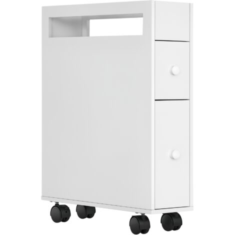 HOMCOM Badezimmerschrank Nischenschrank schmal mit Schublade auf Rollen, Badschrank Toilettenschrank Beistellschrank für Badezimmer, kleine Räume, 16 x 49,5 x 66 cm, Weiß