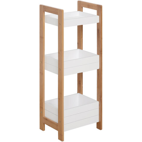 HOMCOM Badregal Korbregal aus Bambus Standregal Badezimmer Regal 3 Staufächer Weiß - Weiß