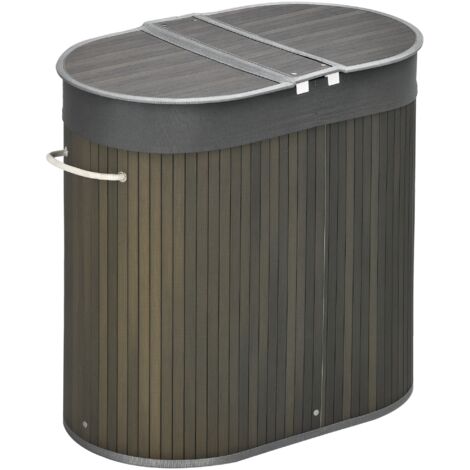 HOMCOM Bamboo Laundry Basket with Lid 100 Litres Laundry Hamper w/ 2 Sections Grey