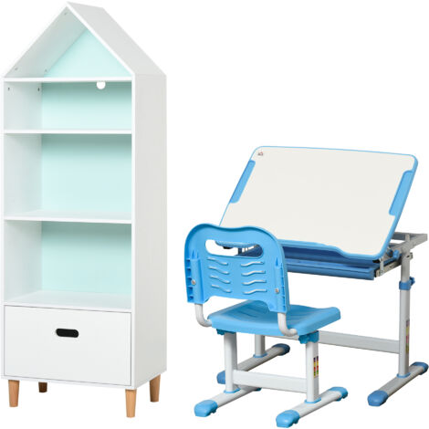 HOMCOM Banco Scuola Bambini 6-12 Anni con Sedia Regolabile e Libreria a Casetta