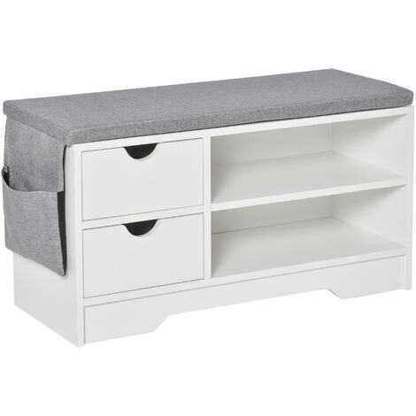 HOMCOM Banco zapatero con asiento 2 estantes bolso cojín y 2 cajones capacidad para 4 pares de zapatos para entrada pasillo moderno 80,5x30,5x43,5 cm