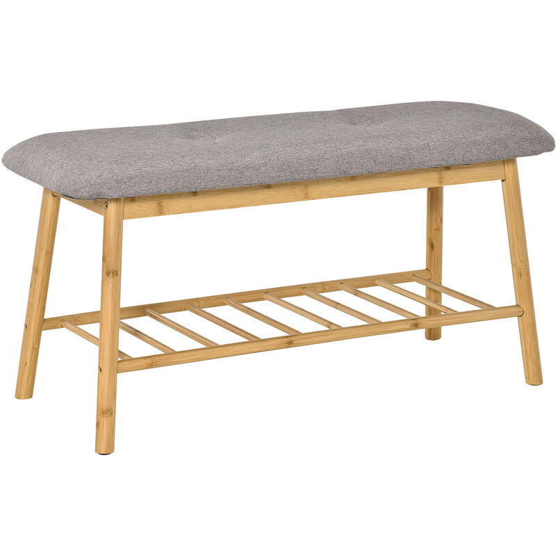 

Banco Zapatero Moderno Mueble Recibidor de Bambú con Asiento Acolchado y Repisa para Zapatos Entrada Pasillo 90x34x44 cm Color Natural y Gris