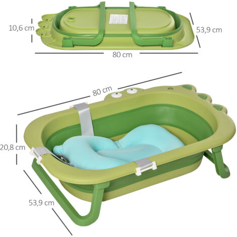HOMCOM Bañera Plegable para Bebé Bañera Bebé 0-3 Años 50 Litros con Cojín Cómodo y Patas Plegables Carga 50 kg 80x53,9x20,8 cm Verde