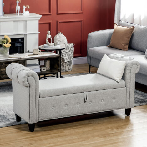 HOMCOM Banqueta Pie de Cama con Almacenamiento y Reposabrazos para Dormitorio Salón Pasillo 146,5x49x74,5 cm Gris Claro