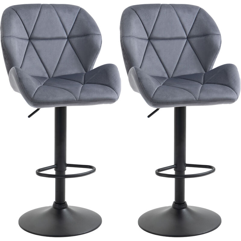 Bar Stool Set of 2 Fabric Adjustable Height Armless Upholstered Counter Chairs with Swivel Seat, Grey - Homcom