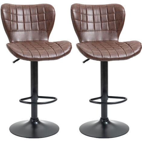 main image of "HOMCOM Bar Stools Set of 2 Adjustable Height Swivel Bar Chairs in PU Leather with Backrest & Footrest, Brown"