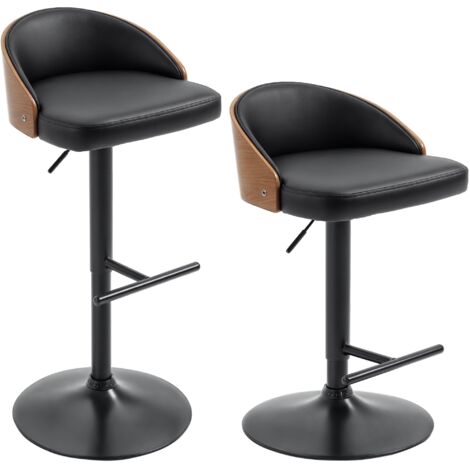 HOMCOM Barhocker 2er Set, Gepolstert Barstuhl aus Stahl und Massivholz, Höhenverstellbar Küchenstühle mit Fußstütze, 360° Drehbar, Tresenhocker für Küche, Wohnzimmer, Esszimmer, Schwarz+Kaffee