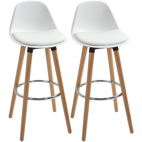 HOMCOM Barhocker 2er Set, Gepolstert Barstuhl mit Holzbeine und Rückenlehne, Küchenstühle mit Fußstütze aus Stahl, Tresenhocker für Küche, Wohnzimmer, Esszimmer, Kunstleder, Weiß