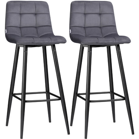 HOMCOM Barhocker 2er Set, Gepolstert Barstuhl mit Stahlgestell, Lehne, Samtoptik, Küchenstühle mit Fußstütze Tresenhocker für Küche, Wohnzimmer, Esszimmer Grau