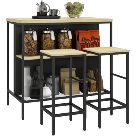 HOMCOM Bartisch mit Barhocker Set, 3-tlg. Bartisch-Set inkl. Küchentisch mit 2 Barhockern, 2 Ablage, Essgruppe im Modern-Stil, für Küche, Esszimmer, Stahl, Eiche