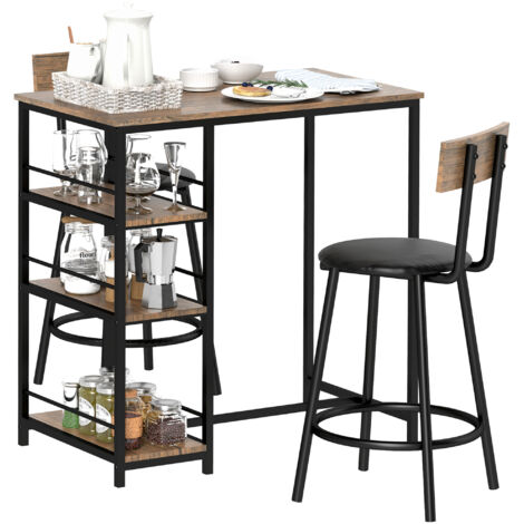 HOMCOM Bartisch mit Barhocker Set, Bartisch-Set für 2 Personen mit 2 Gepolsterten Barstühlen, Rückenlehne, Küchentisch mit 3 Ablagen, im Modern-Stil, Bartheke für Esszimmer, Küche, Stahl, Eiche