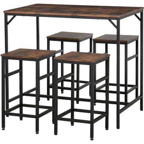 HOMCOM Bartisch-Set Stehtisch mit 4 Barhockern 5-teiliges Tischset Küchentresen Spanplatte Stahl Rustikales Braun+Schwarz 100 x 60 x 88 cm - Rustikales Braun