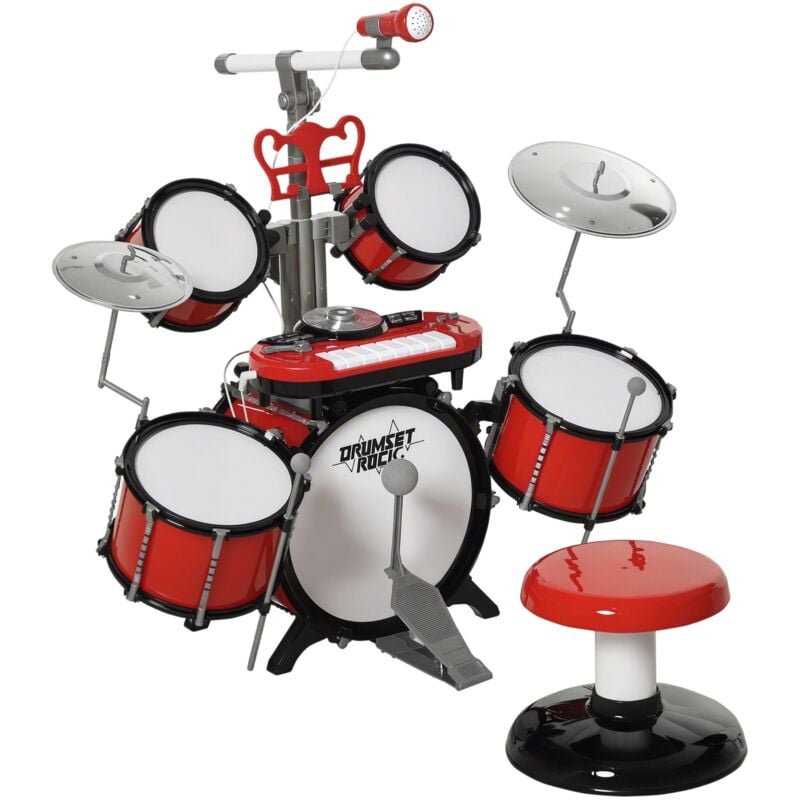 

Homcom - Batería Infantil de Jazz Taburete Teclado Electrónico Micrófono +3 Años Rojo - Rojo