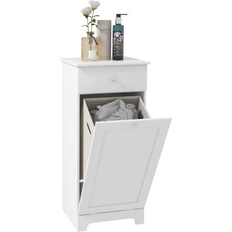 HOMCOM Bathroom Cabinet with Folding Laundry Hamper and Drawer, White