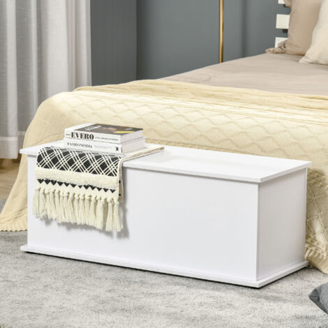 HOMCOM Baúl de Almacenamiento de Madera Taburete para Almacenaje con Tapa para Dormitorio Salón Carga Max. 120 kg 100x40x40 cm Blanco