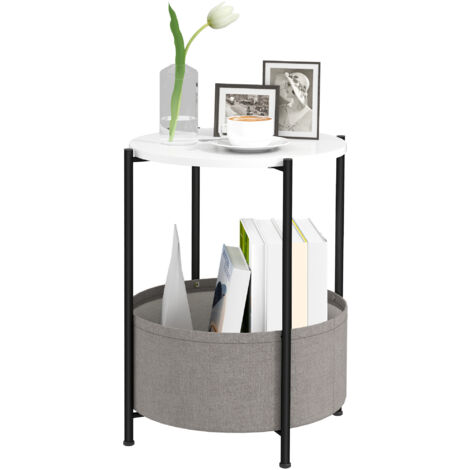 HOMCOM Beistelltisch Runder Nachttisch mit einem Regal und Korb aus Stoff, Couchtisch aus Stahl, Sofatisch Kaffeetisch für Wohnzimmer Schlafzimmer 44 x 44 x 56 cm Grau+Weiß