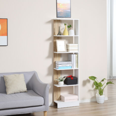 HOMCOM Bibliothèque Étagère de Rangement avec 5 Compartiments Ouverts Design Simple Moderne Idéale pour Salon Chambre Bureau 45 x 21 x 170 cm Blanc et Chêne