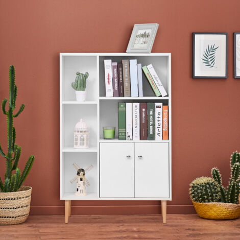HOMCOM Bibliothèque scandinave meuble de rangement dim. 80L x 23.5l x 123H cm 5 niches placard 2 portes pieds effilés inclinés bois massif panneaux particules blanc