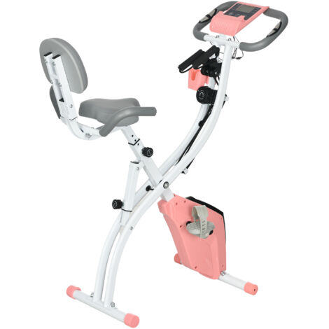 HOMCOM Bicicleta Estática Plegable Regulable en Altura Resistencia Magnética Ajustable Bici Estática con Pantalla LCD y Asiento con Respaldo Sensor de Pulso Carga 120 kg para Casa 105x48x118 cm Rosa