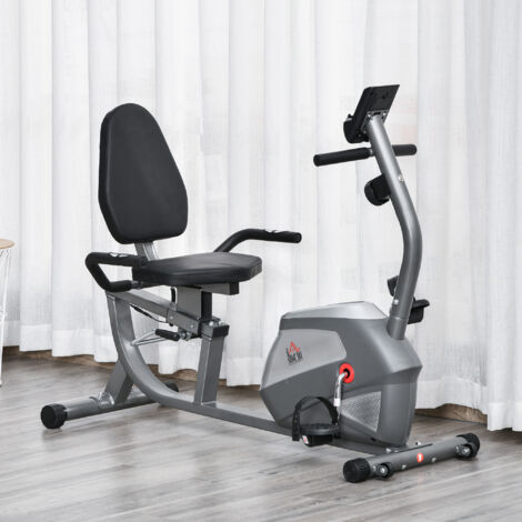 HOMCOM Bicicleta Estática Reclinada Resistencia Magnética de 8 Niveles Pantalla LCD con Pulsómetro Volante de Inercia de 3 kg Portabotellas Asiento Ajustable 121,5-para Casa 136x62,5x98 cm Gris