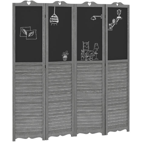 HOMCOM Biombo de 4 Piezas de Madera, Biombo Separador de Ambientes Plegable con Pizarras, Divisor de Habitaciones, Dormitorio, 162x172 cm, Gris