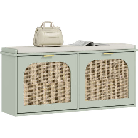 HOMCOM Boho Shoe Bench with Padded Seat and 2 Flip-Drawers, Light Green