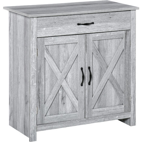 HOMCOM Buffet 2 portes tiroir style rural chic placard avec étagère poignées métal noir MDF panneaux particules aspect bois gris clair