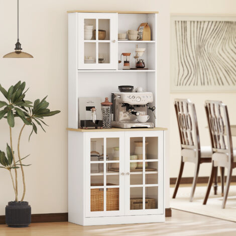 HOMCOM Buffet cuisine. meuble cuisine rangement haut. meuble de rangement avec plan de travail. 3 portes vitrées. 2 niches et étagères réglables. 80 x 37 x 183 cm. blanc chêne