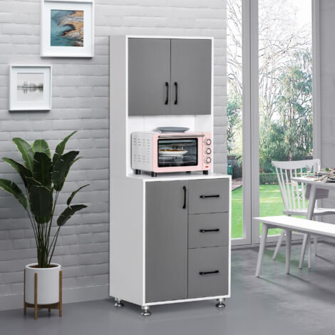 HOMCOM Buffet de cuisine armoire de cuisine multi-rangements 2 + 1 porte 3 tiroirs + grand plateau dim. 60L x 40l x 160H cm bicolore gris blanc