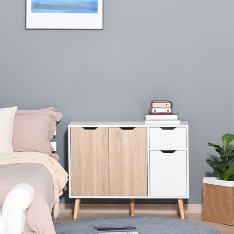 HOMCOM Buffet design scandinave 2 placards tiroir coulissant pieds bois massif pin panneaux particules blanc chêne clair