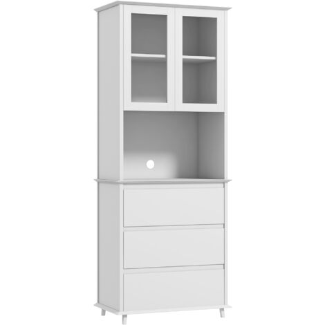 Homcom – Buffet haut de cuisine 2 portes vitrées – 3 tiroirs – MDF blanc – Dimensions 68L x 38l x 172H cm – Étagère réglable 3 niveaux