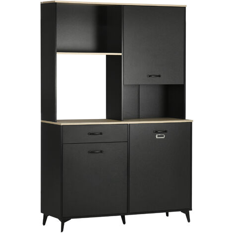 Homcom – Buffet haut industriel 119L x 41l x 180H cm – 3 portes, étagère, tiroir, niche – Métal noir et bois chêne clair